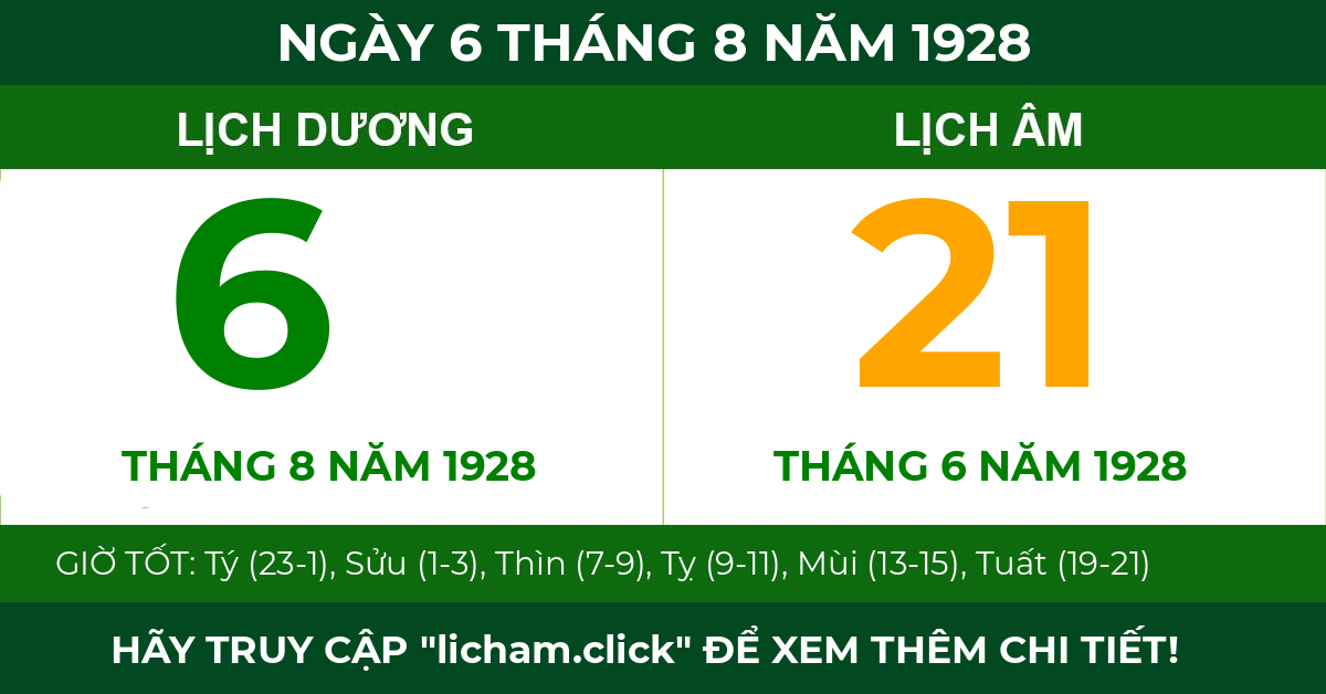 lịch âm ngày 6 tháng 8 năm 1928