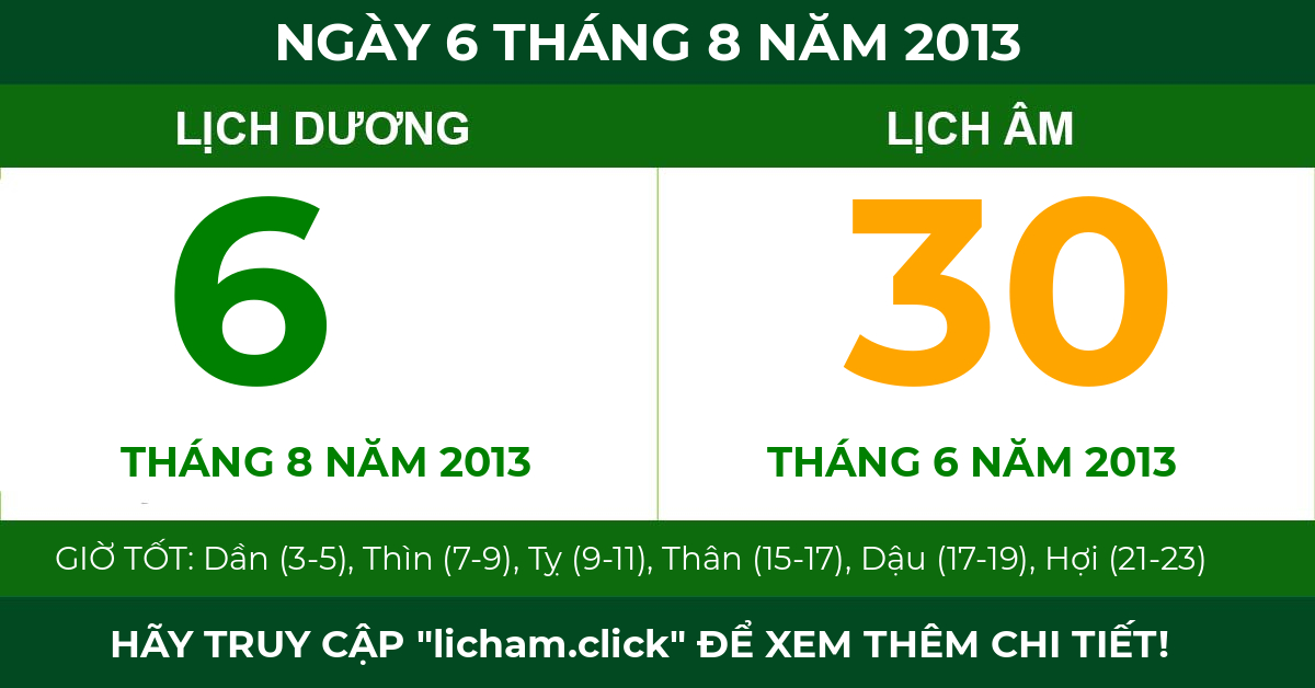 lịch âm ngày 6 tháng 8 năm 2013
