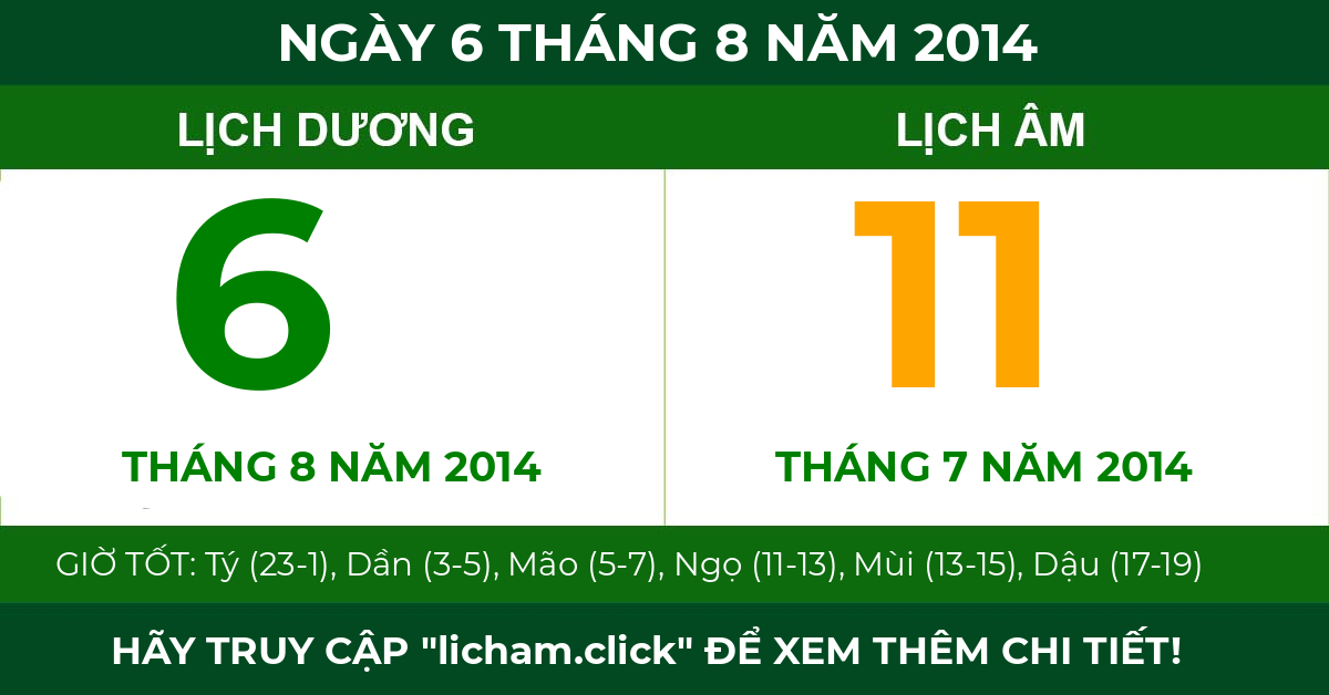 lịch âm ngày 6 tháng 8 năm 2014