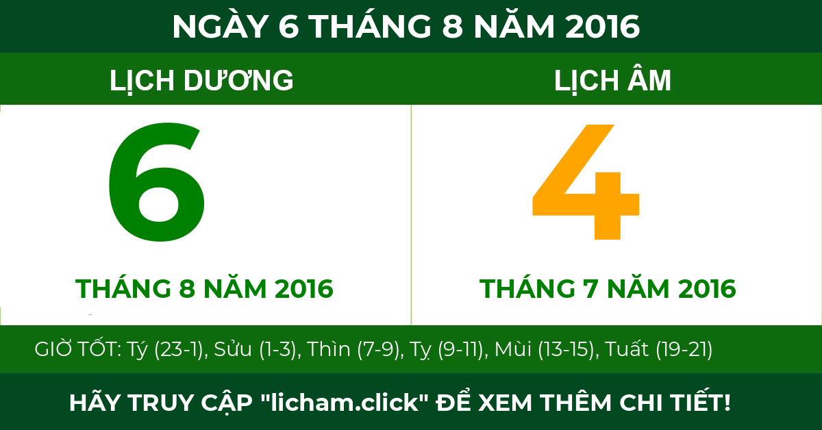 lịch âm ngày 6 tháng 8 năm 2016