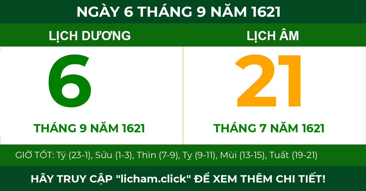 lịch âm ngày 6 tháng 9 năm 1621
