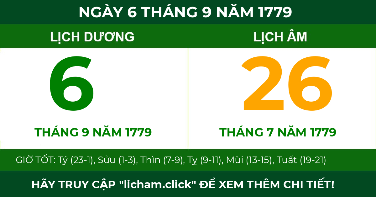 lịch âm ngày 6 tháng 9 năm 1779