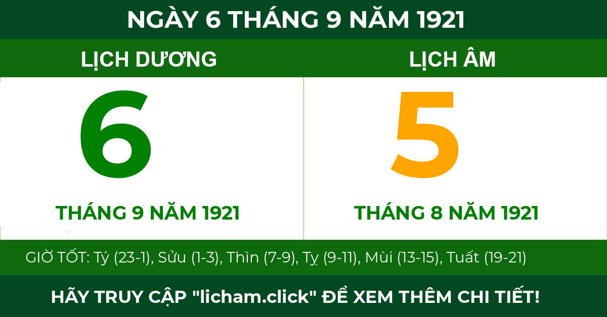 lịch âm ngày 6 tháng 9 năm 1921