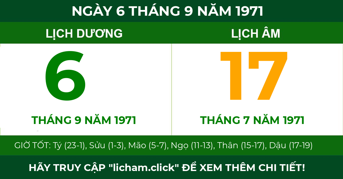 lịch âm ngày 6 tháng 9 năm 1971