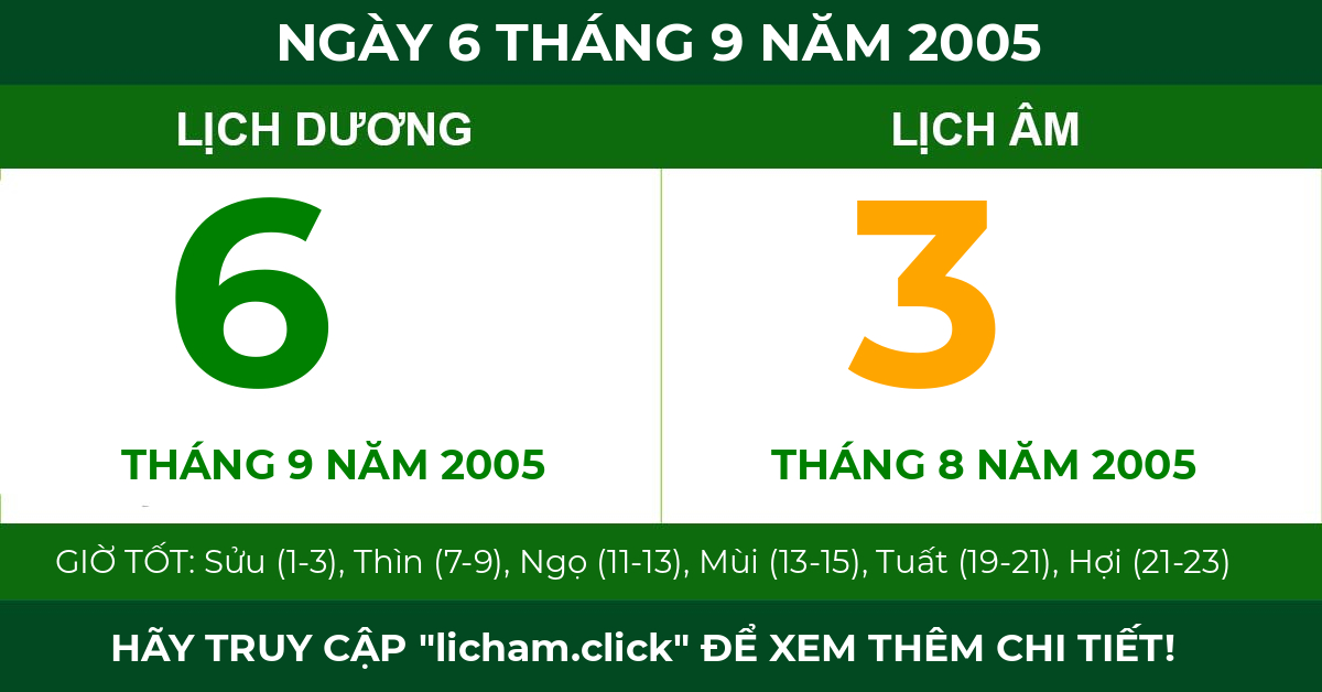 lịch âm ngày 6 tháng 9 năm 2005