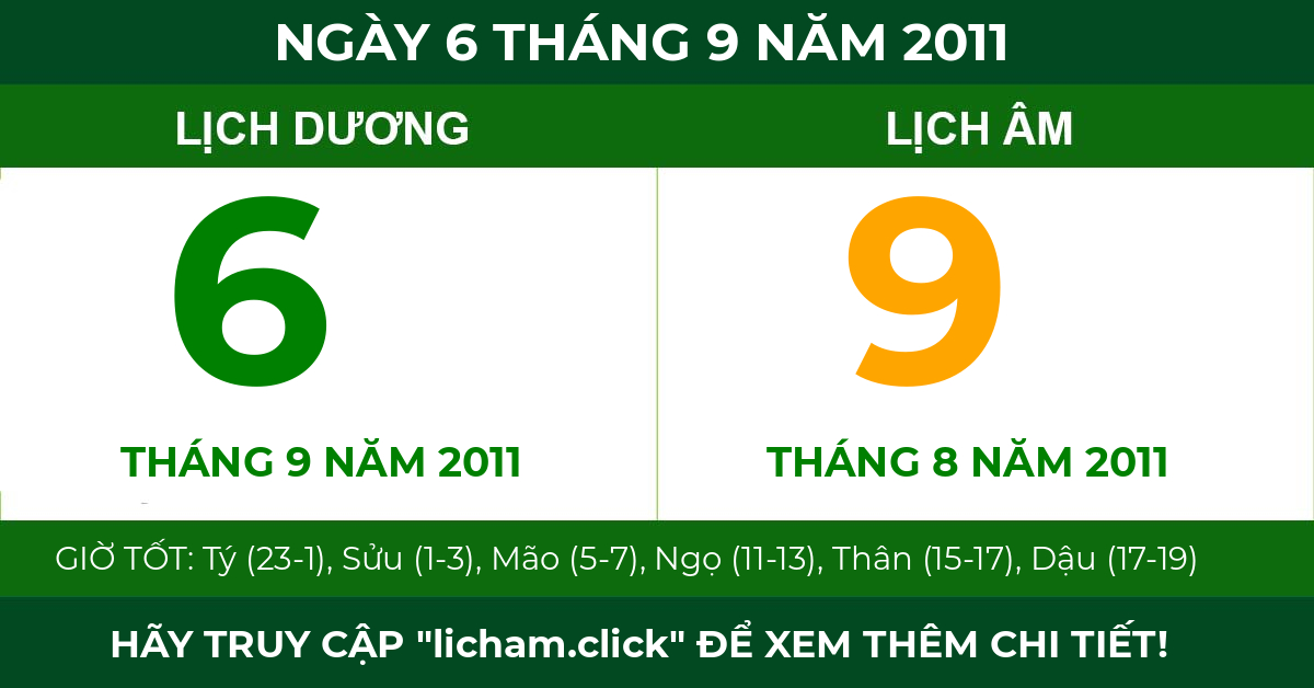lịch âm ngày 6 tháng 9 năm 2011