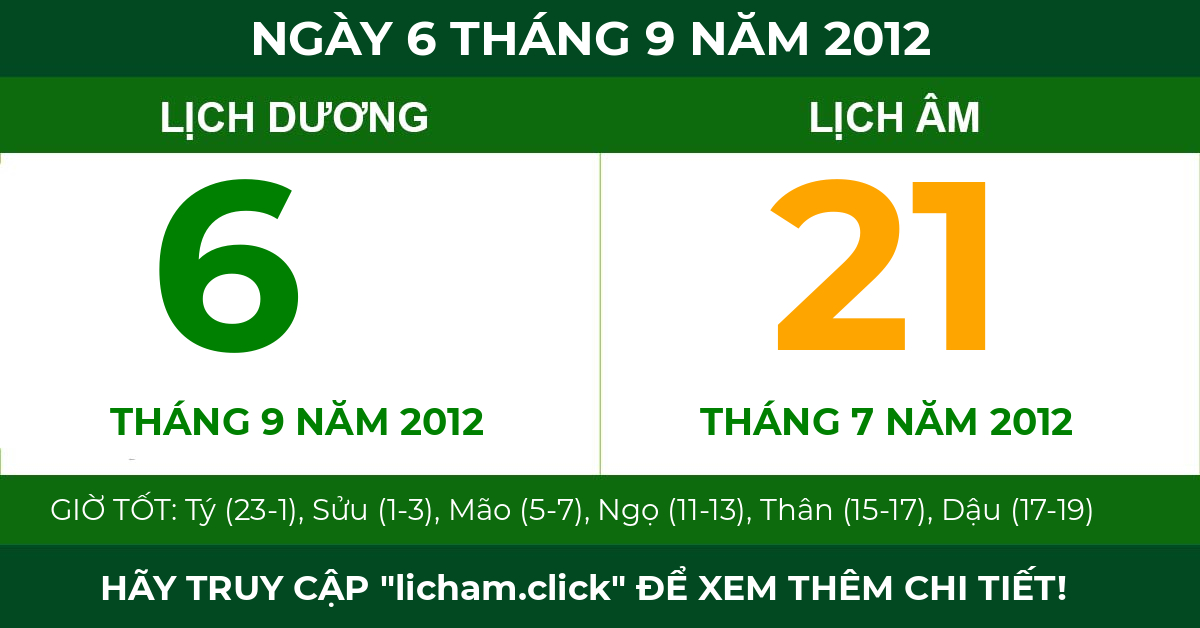lịch âm ngày 6 tháng 9 năm 2012