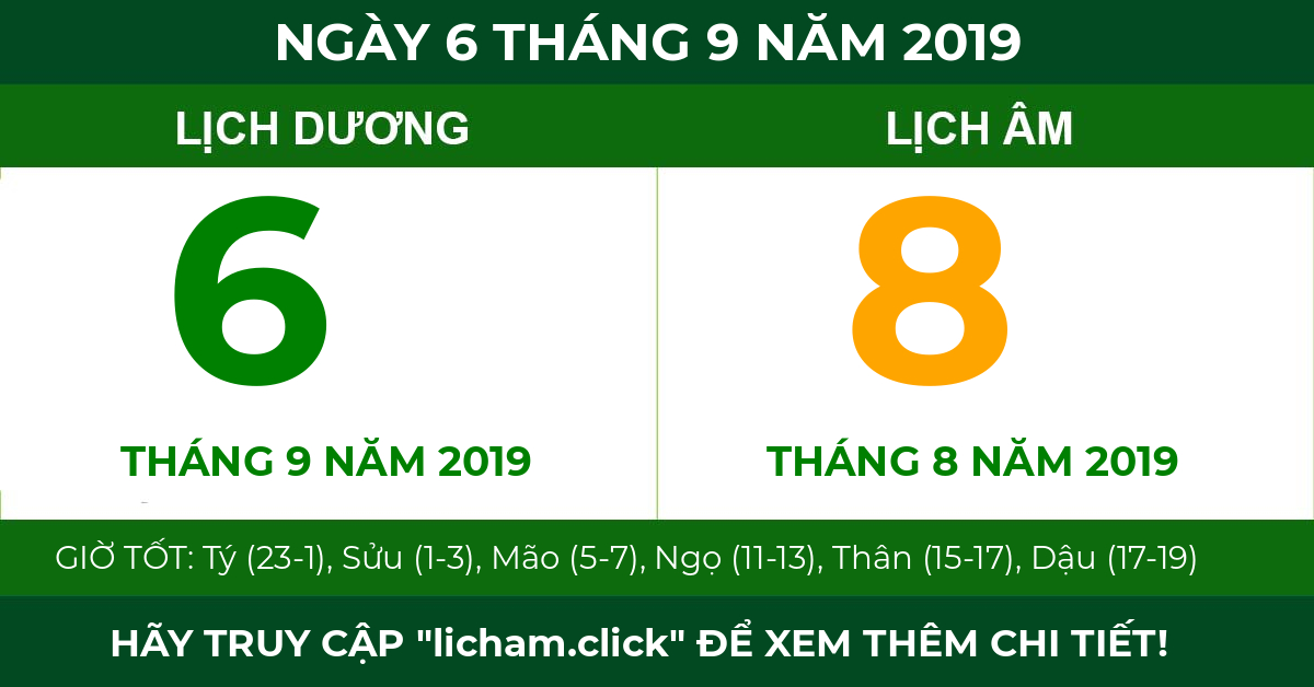 lịch âm ngày 6 tháng 9 năm 2019
