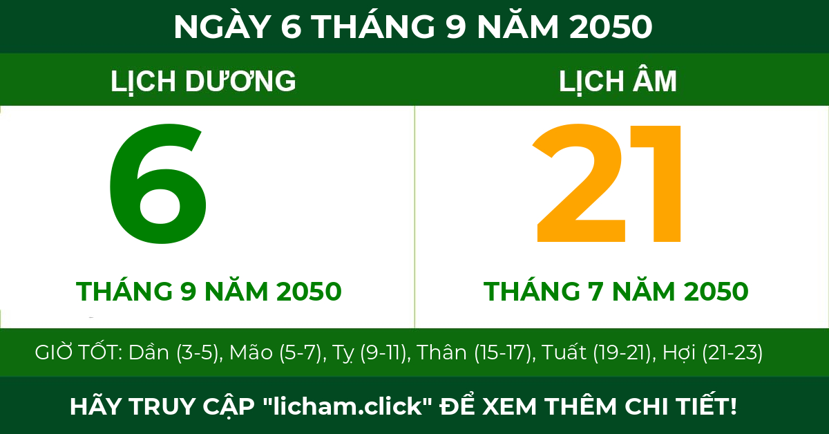 lịch âm ngày 6 tháng 9 năm 2050