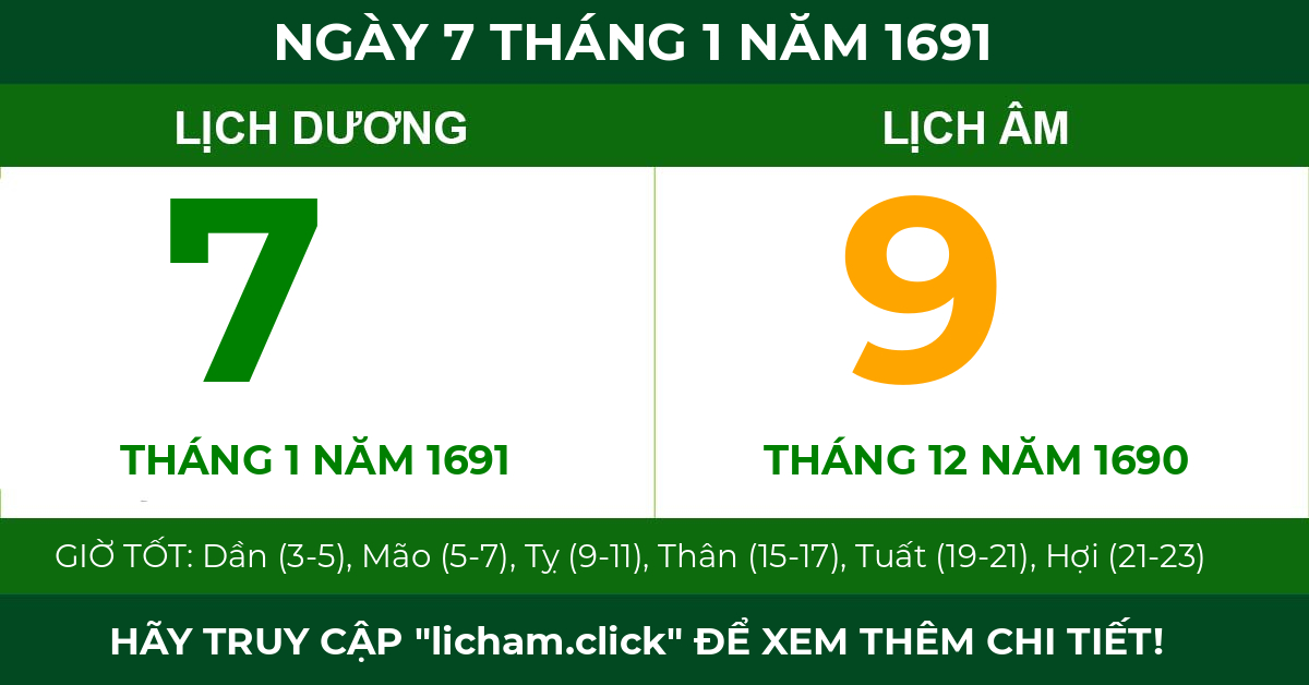lịch âm ngày 7 tháng 1 năm 1691