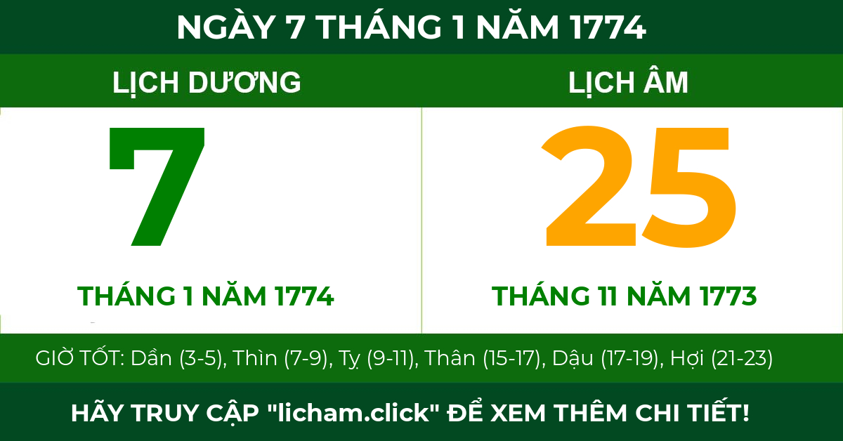 lịch âm ngày 7 tháng 1 năm 1774