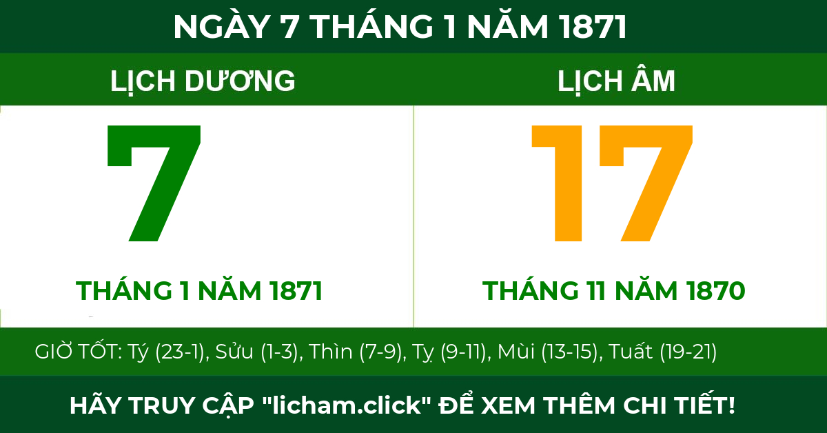 lịch âm ngày 7 tháng 1 năm 1871