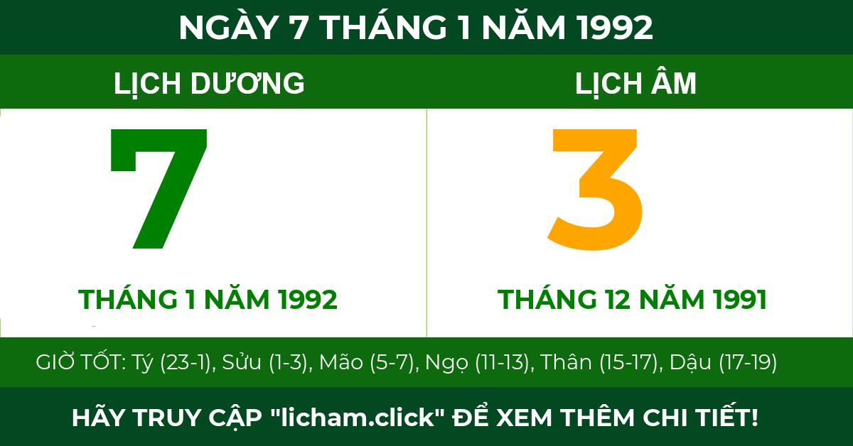 lịch âm ngày 7 tháng 1 năm 1992