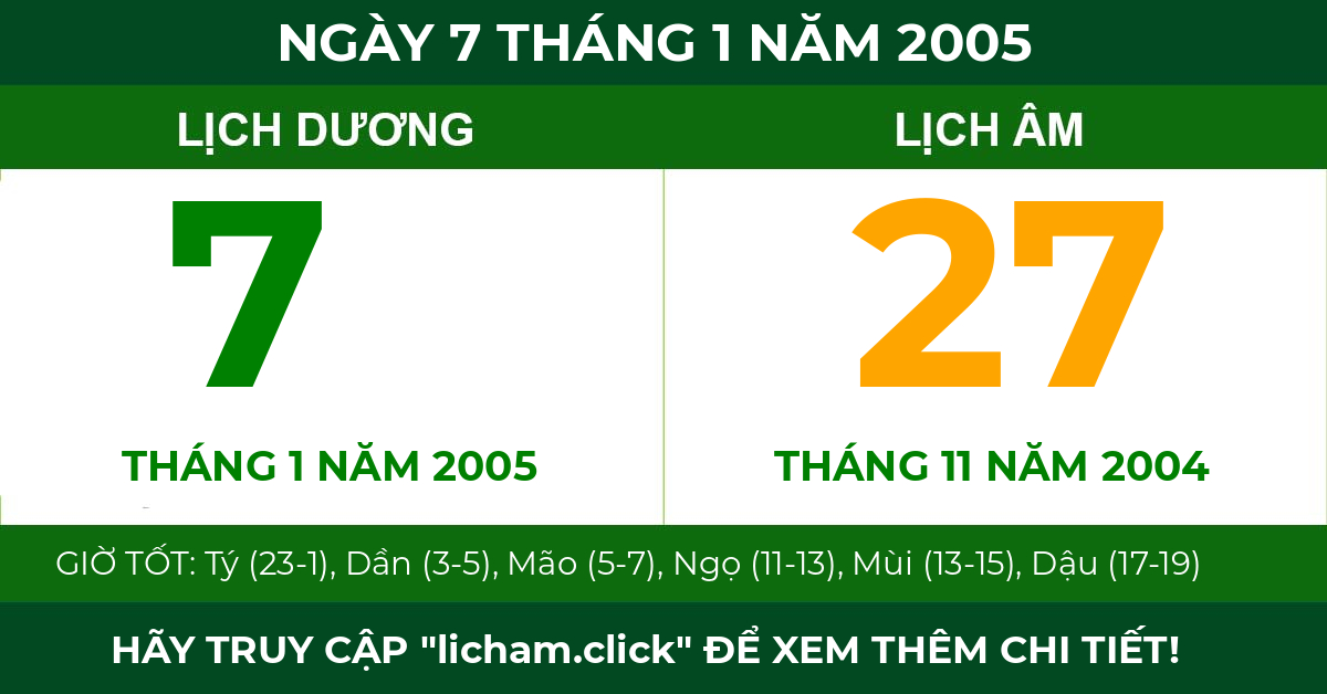 lịch âm ngày 7 tháng 1 năm 2005