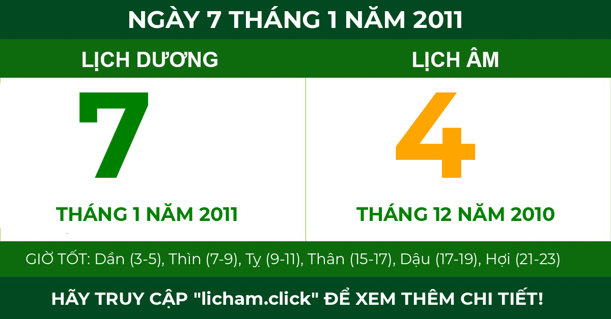 lịch âm ngày 7 tháng 1 năm 2011