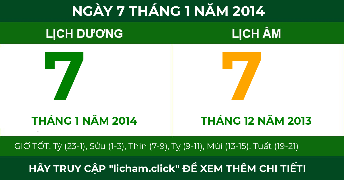 lịch âm ngày 7 tháng 1 năm 2014