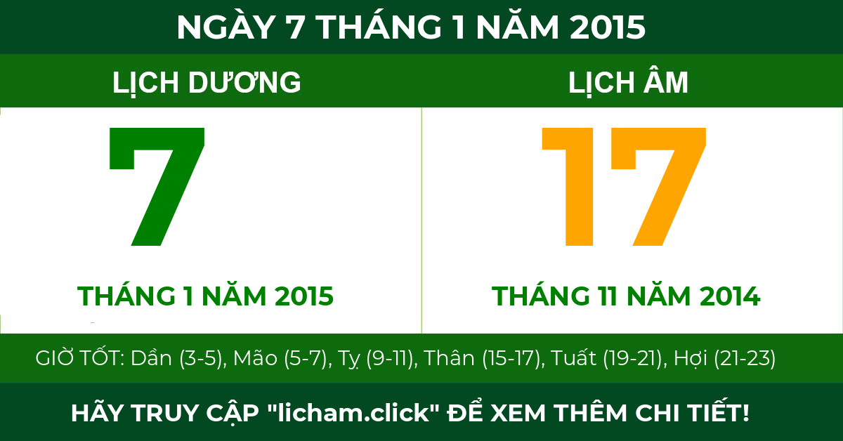 lịch âm ngày 7 tháng 1 năm 2015
