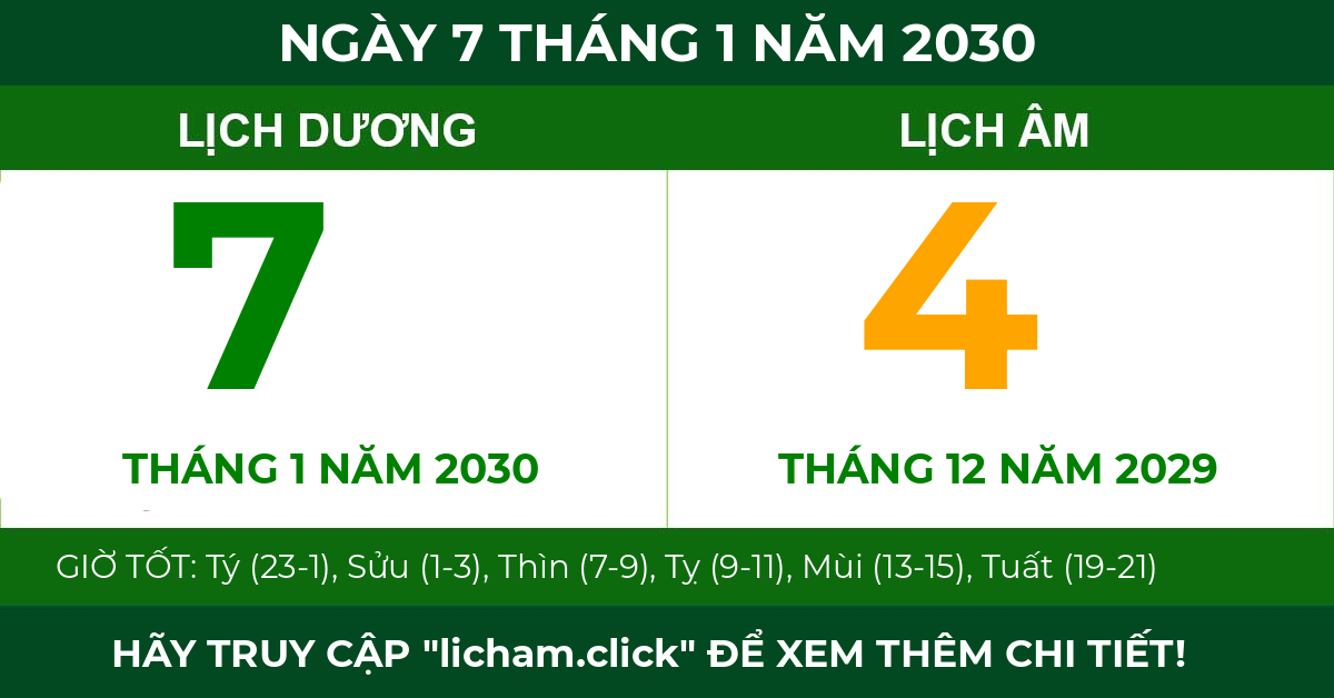 lịch âm ngày 7 tháng 1 năm 2030