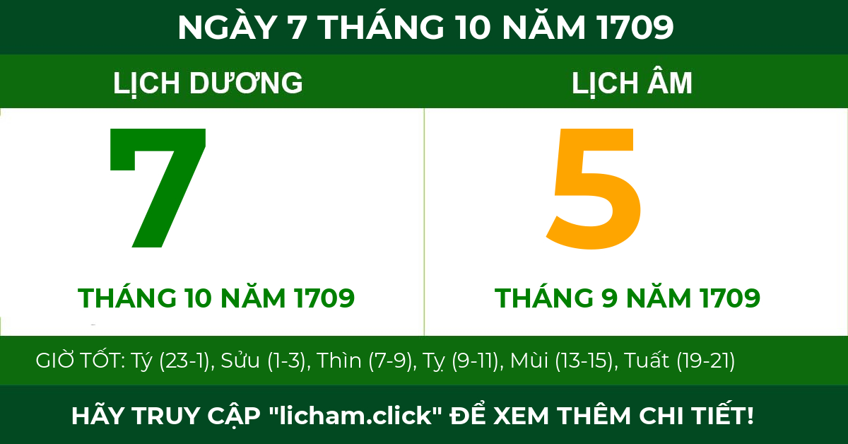 lịch âm ngày 7 tháng 10 năm 1709