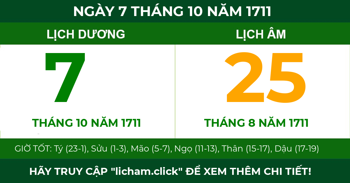 lịch âm ngày 7 tháng 10 năm 1711