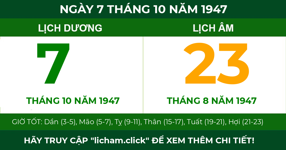lịch âm ngày 7 tháng 10 năm 1947