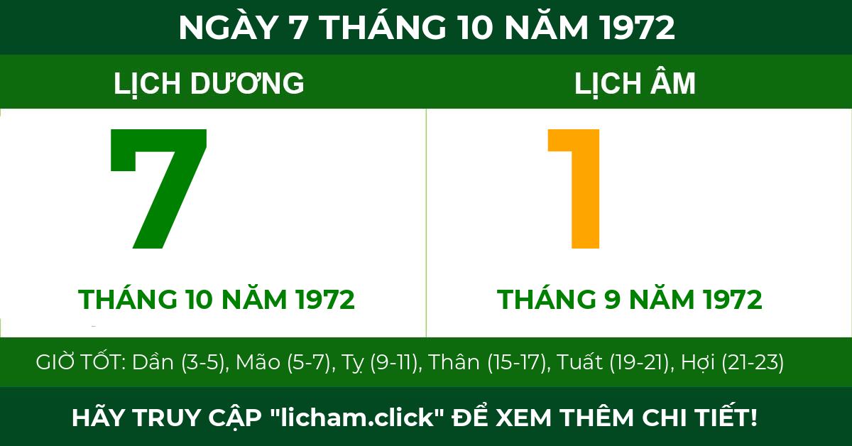lịch âm ngày 7 tháng 10 năm 1972