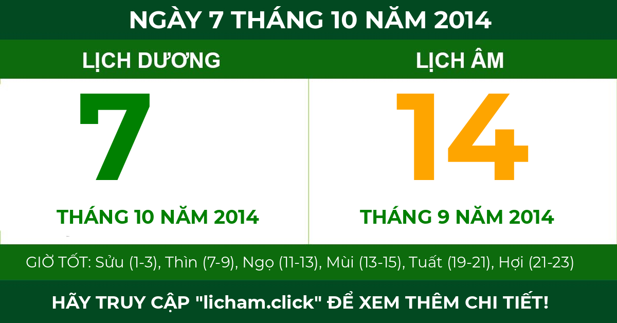 lịch âm ngày 7 tháng 10 năm 2014