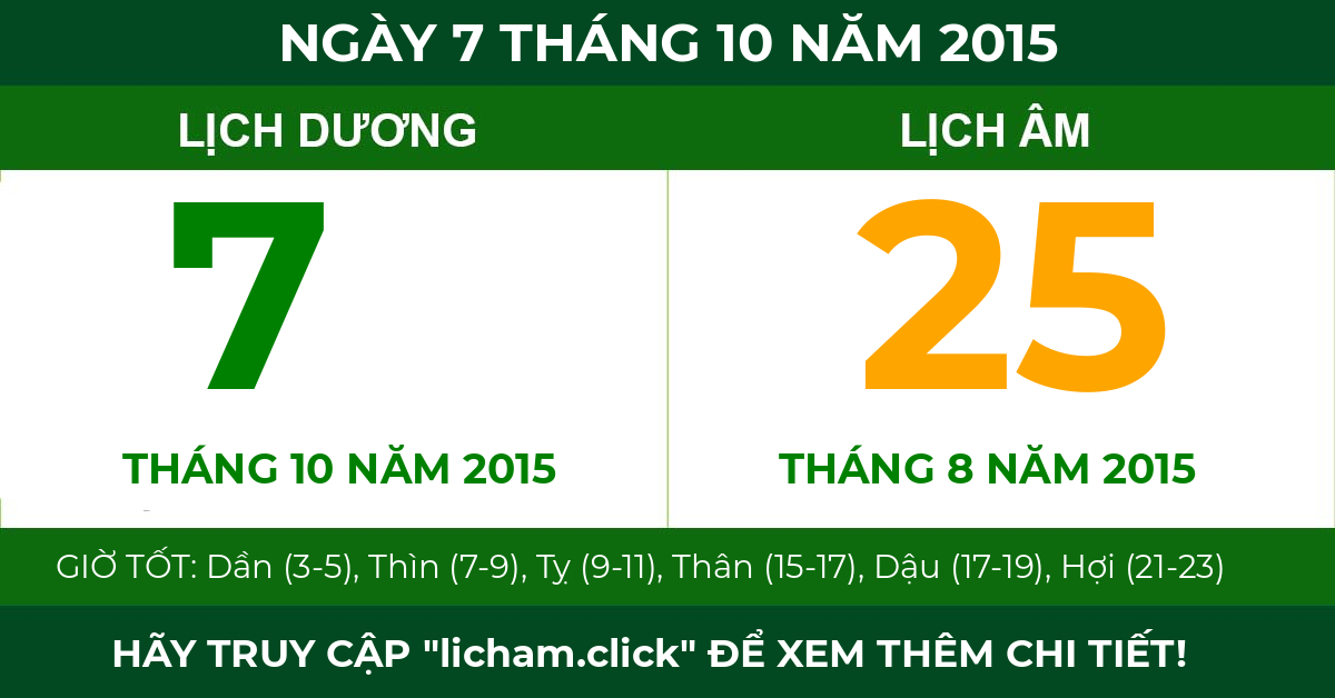 lịch âm ngày 7 tháng 10 năm 2015