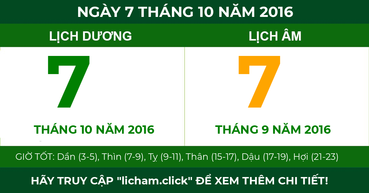 lịch âm ngày 7 tháng 10 năm 2016