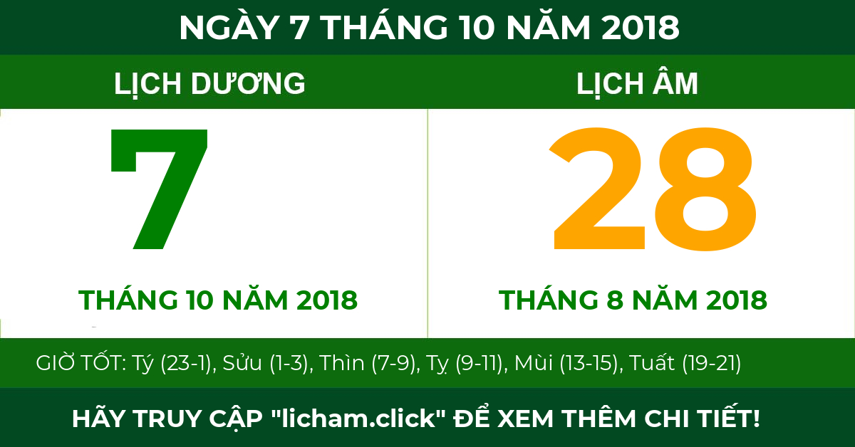 lịch âm ngày 7 tháng 10 năm 2018