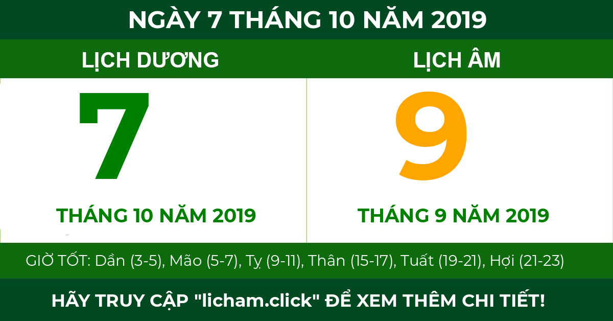 lịch âm ngày 7 tháng 10 năm 2019