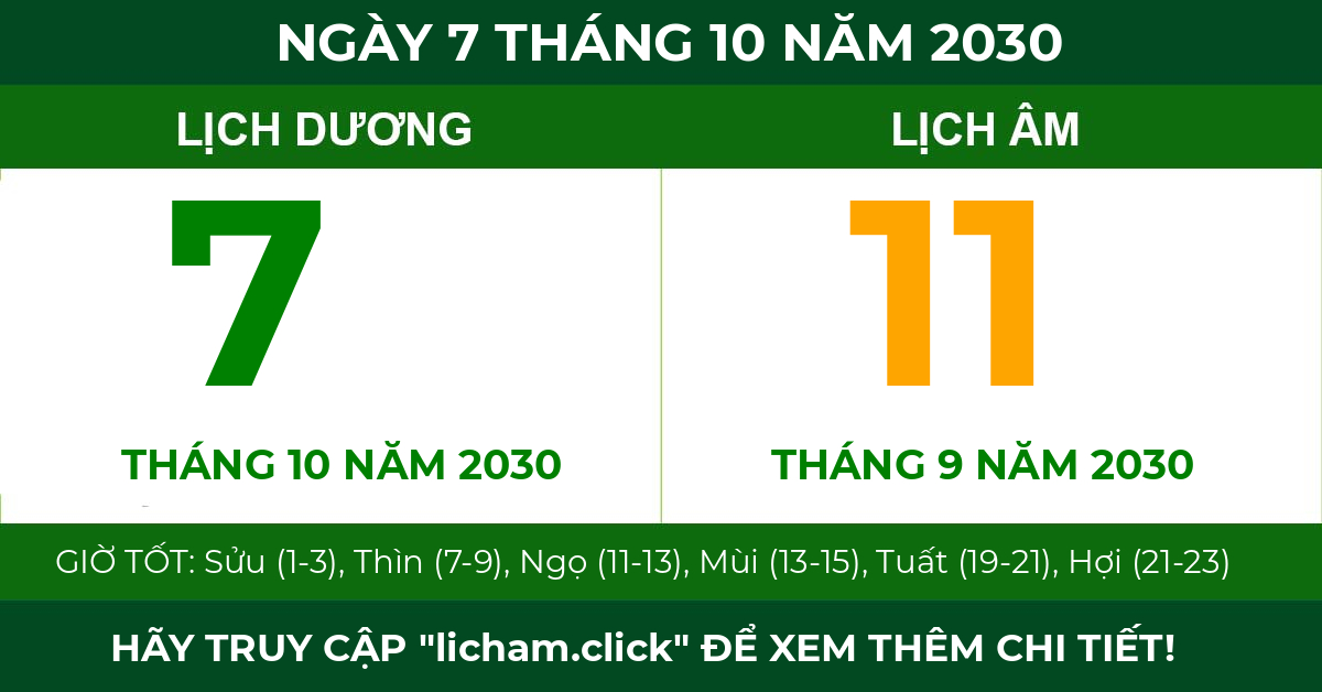 lịch âm ngày 7 tháng 10 năm 2030