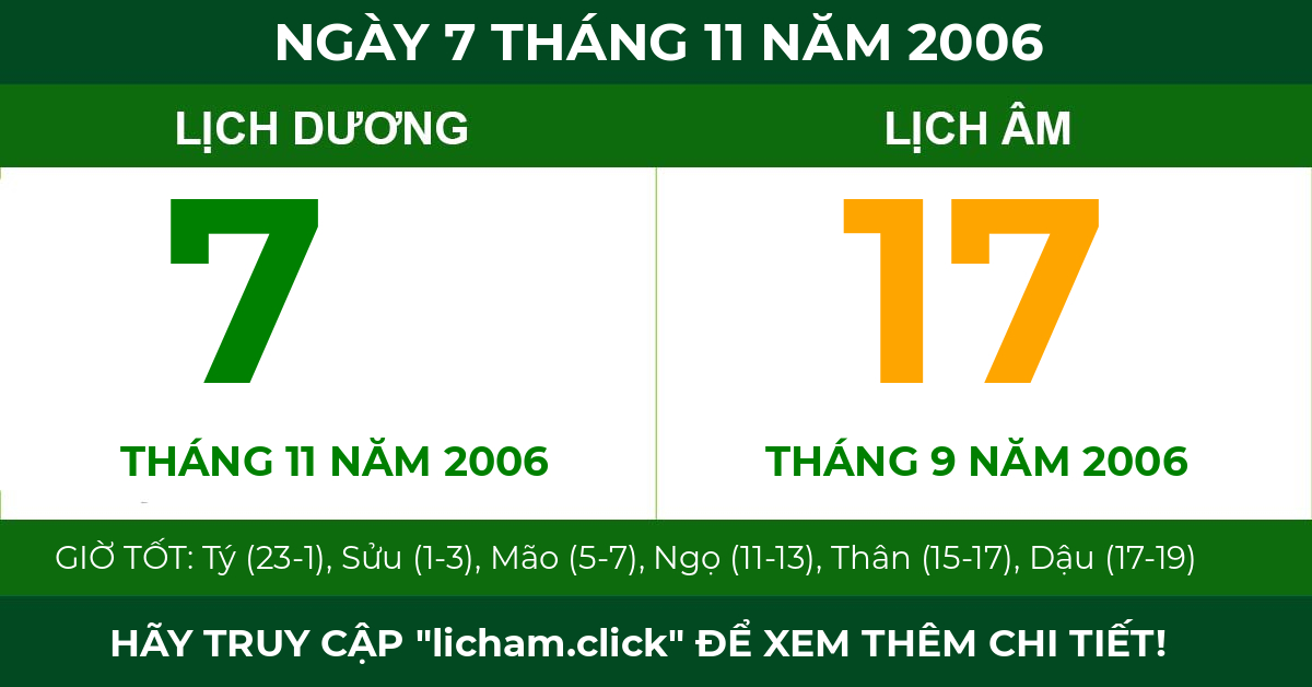 lịch âm ngày 7 tháng 11 năm 2006