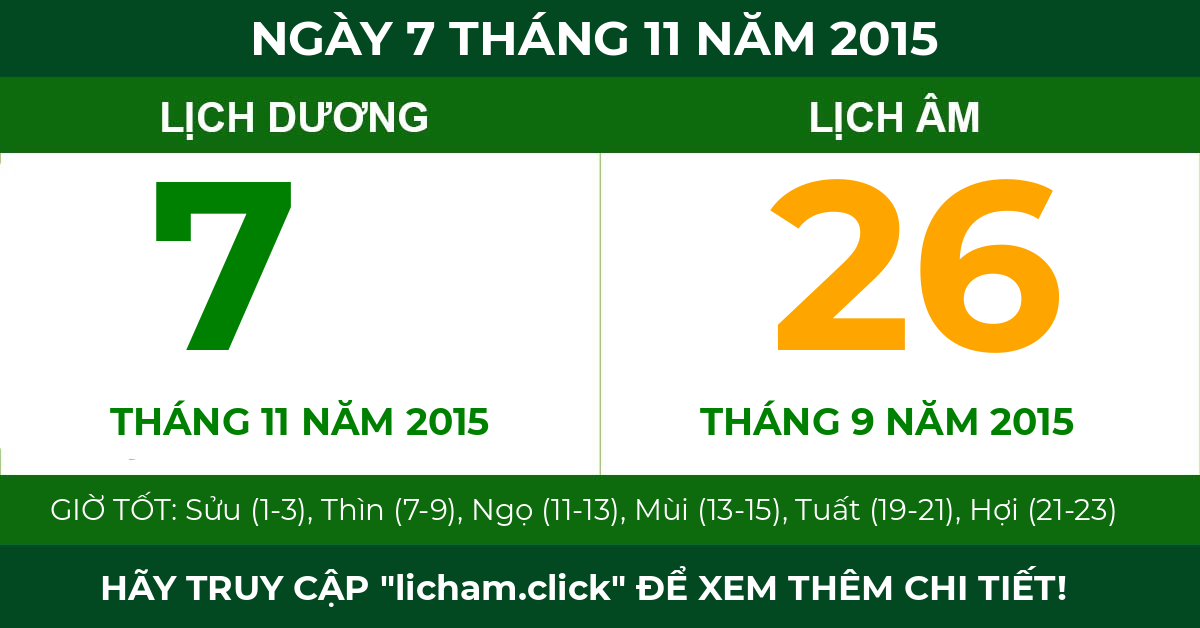 lịch âm ngày 7 tháng 11 năm 2015