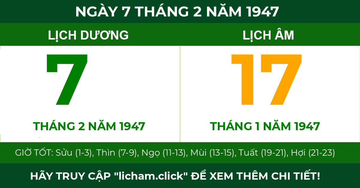 lịch âm ngày 7 tháng 2 năm 1947