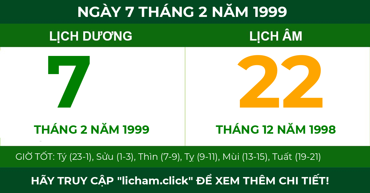 lịch âm ngày 7 tháng 2 năm 1999