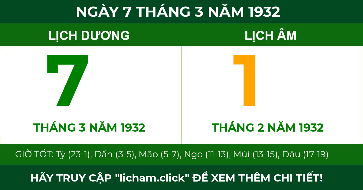 lịch âm ngày 7 tháng 3 năm 1932