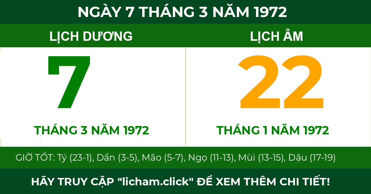 lịch âm ngày 7 tháng 3 năm 1972