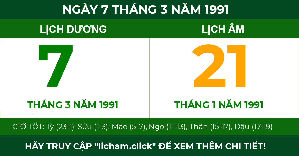 lịch âm ngày 7 tháng 3 năm 1991