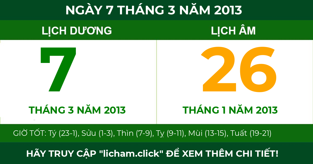 lịch âm ngày 7 tháng 3 năm 2013