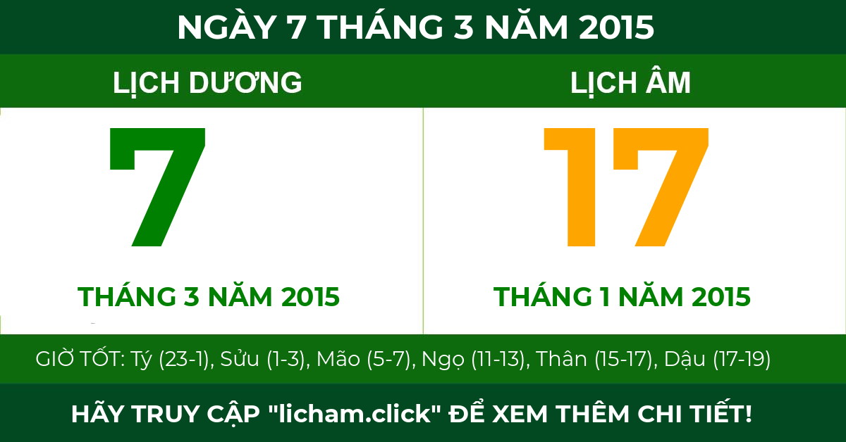 lịch âm ngày 7 tháng 3 năm 2015