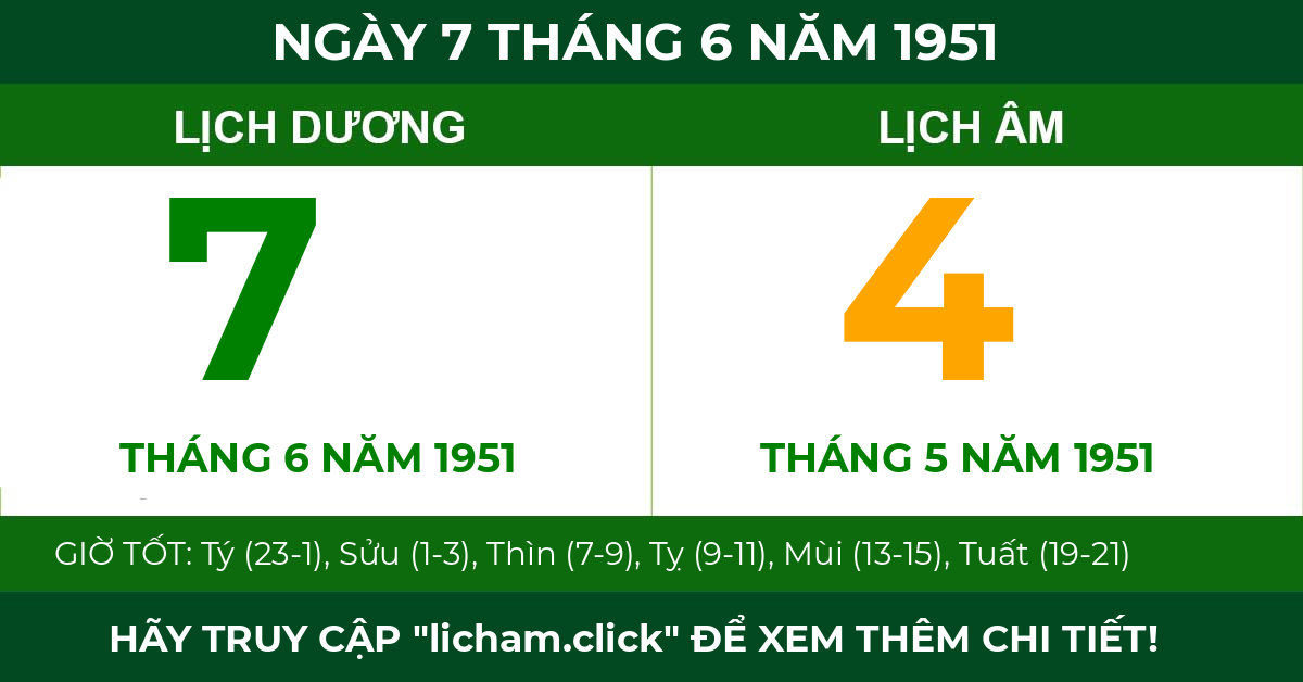 lịch âm ngày 7 tháng 6 năm 1951