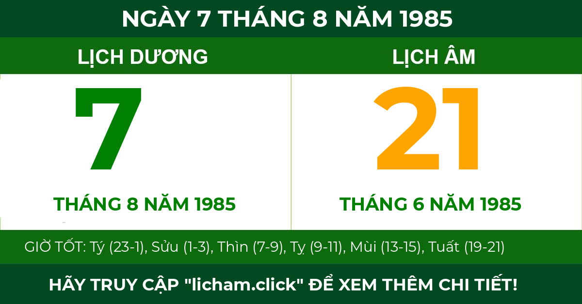lịch âm ngày 7 tháng 8 năm 1985