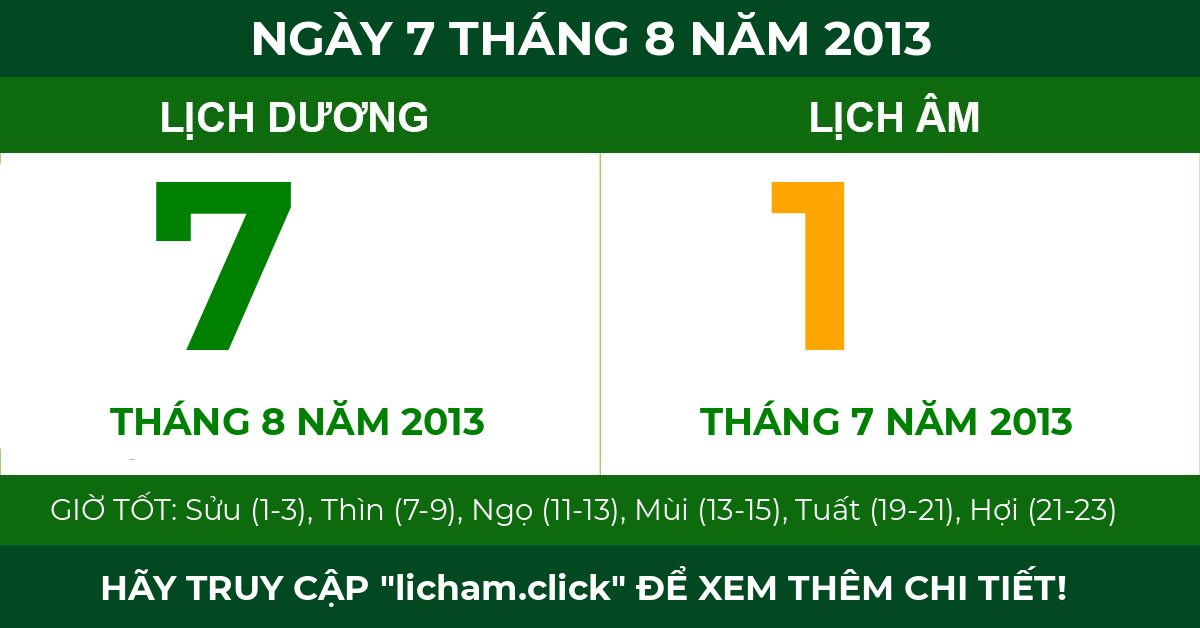 lịch âm ngày 7 tháng 8 năm 2013