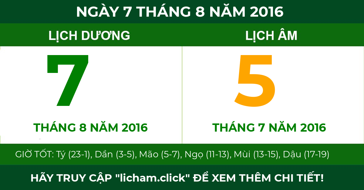 lịch âm ngày 7 tháng 8 năm 2016