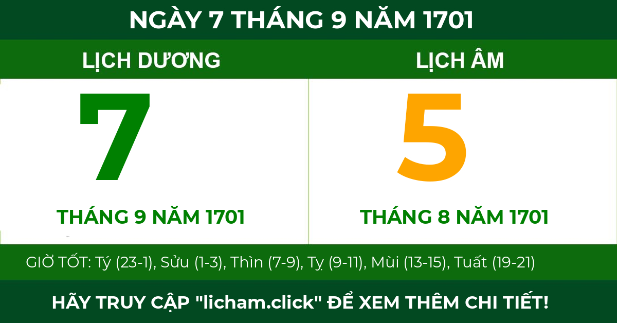 lịch âm ngày 7 tháng 9 năm 1701