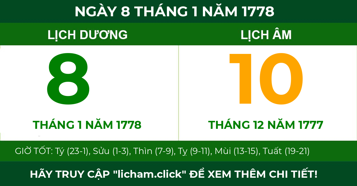 lịch âm ngày 8 tháng 1 năm 1778