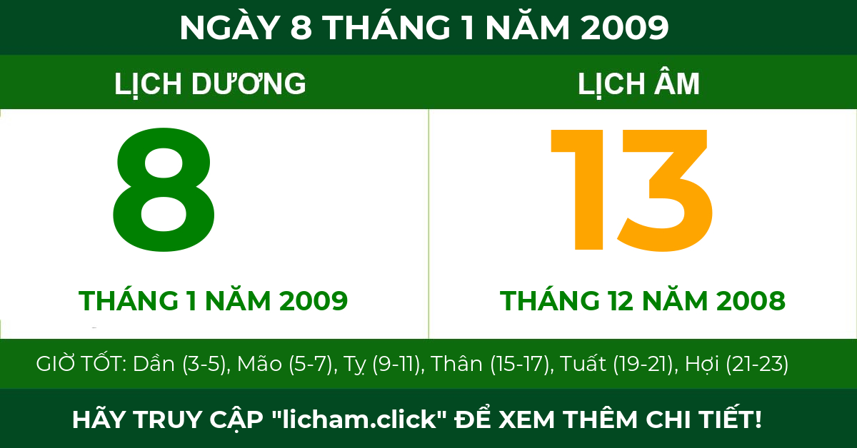 lịch âm ngày 8 tháng 1 năm 2009