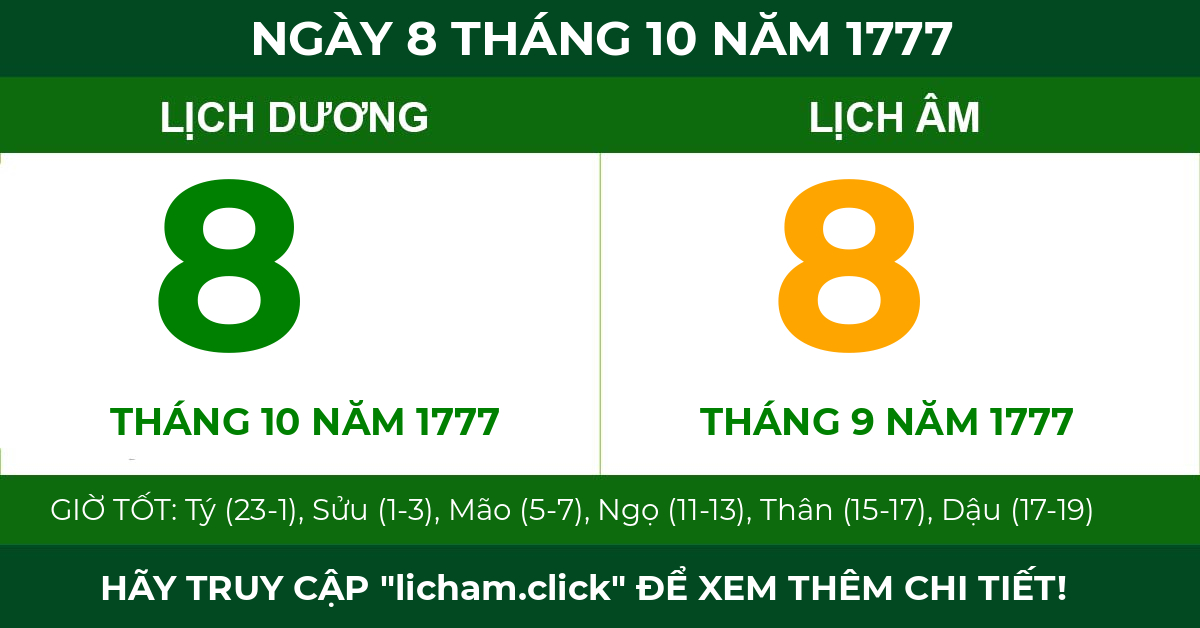 lịch âm ngày 8 tháng 10 năm 1777