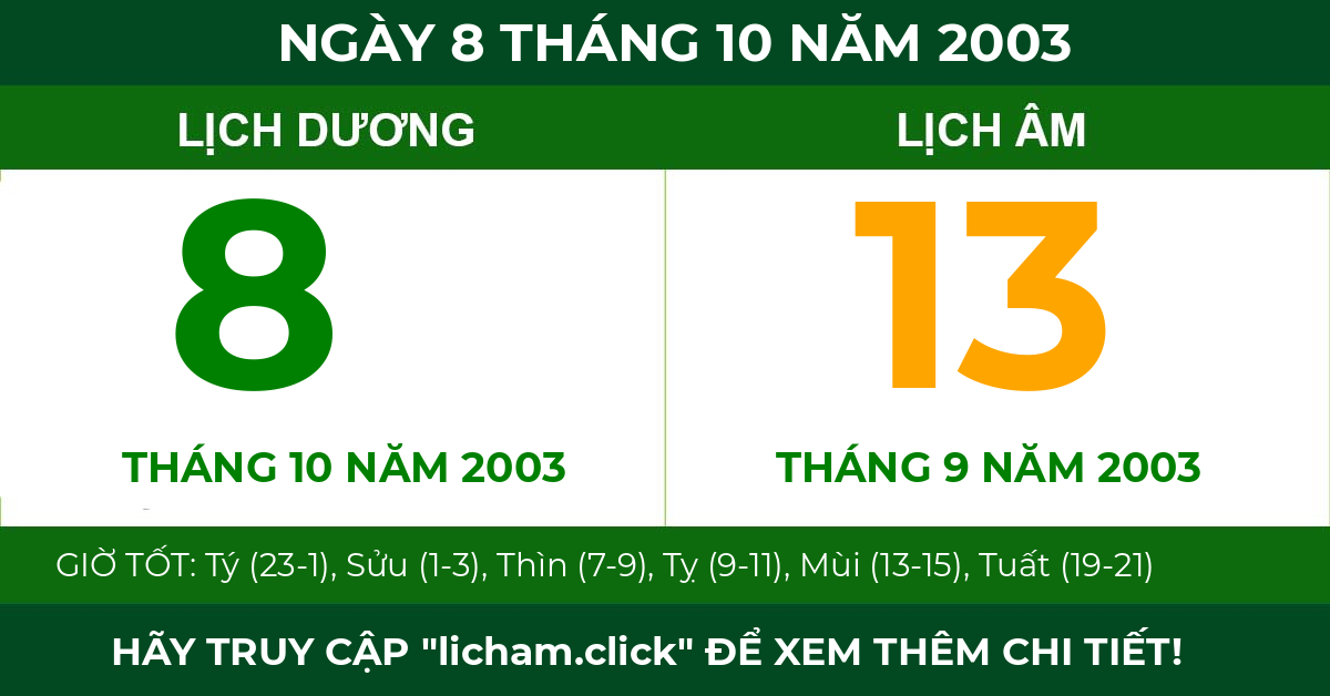 lịch âm ngày 8 tháng 10 năm 2003